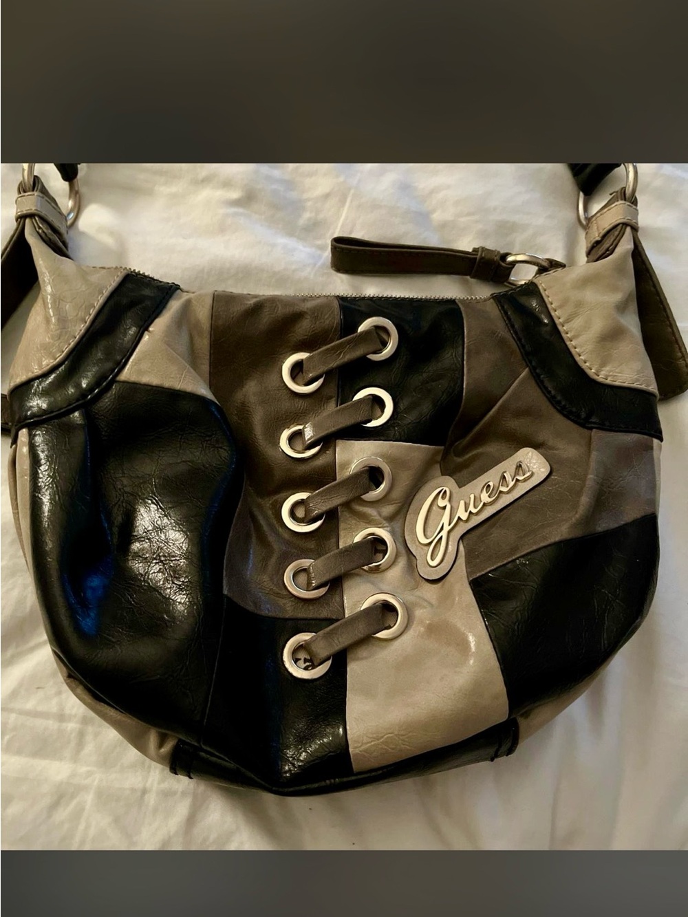 Guess Black & Taupe Patchwork Lace-Up Shoulder Bag
